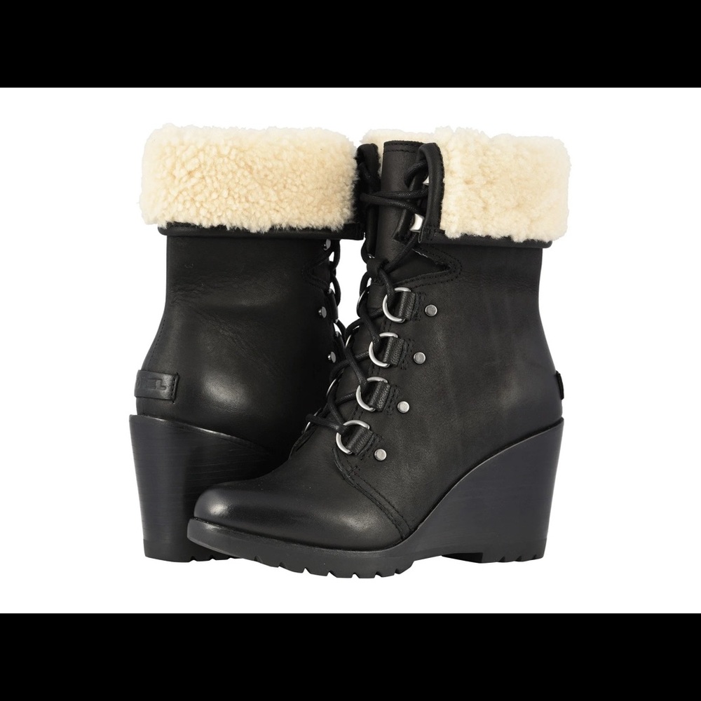 Sorel After Hours Lace Wedge Boots Shearling 9 9.5